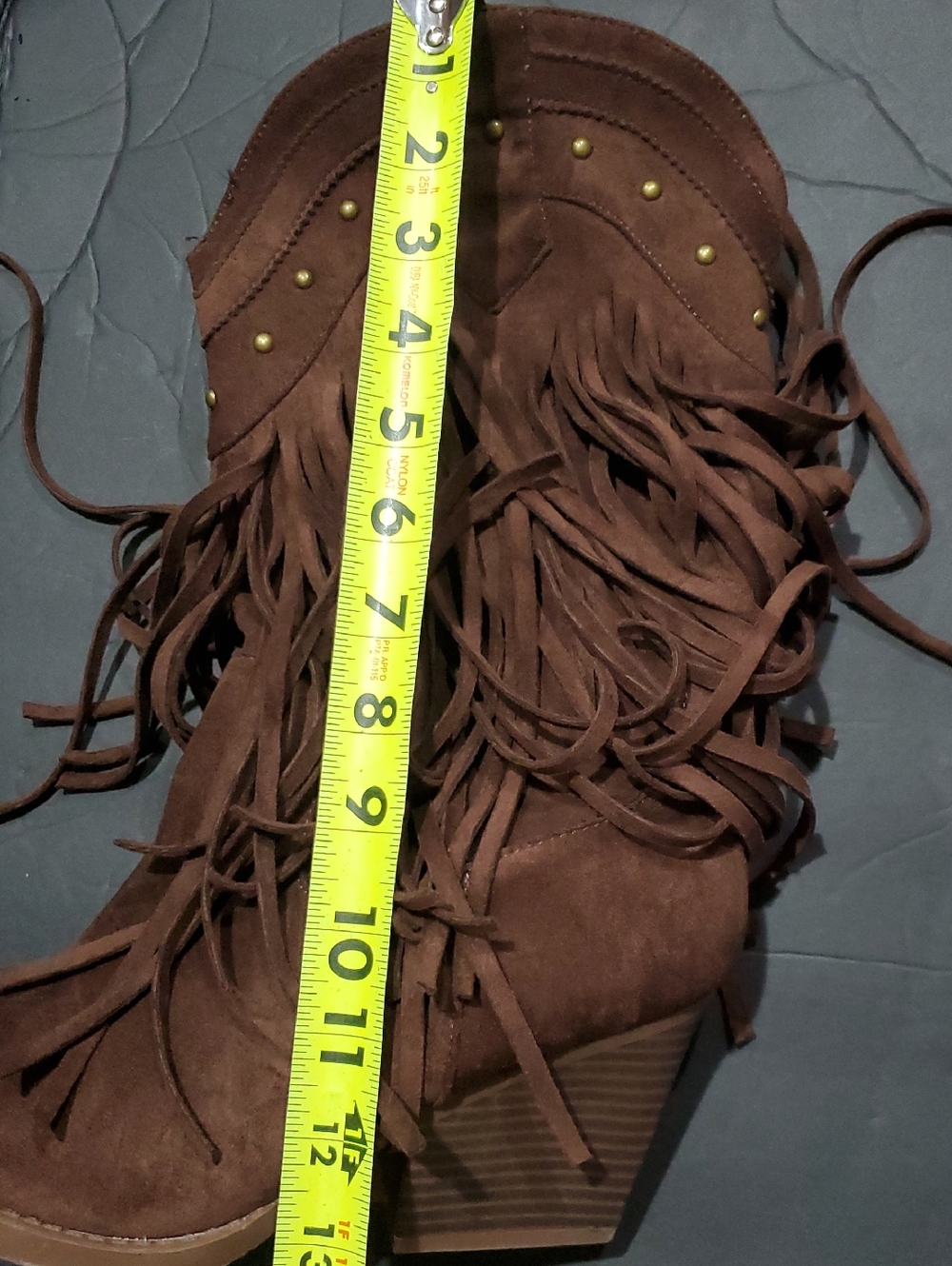 Brown faux suede fringed gold studded midcalf cowgirl cowboy boots size 10‎ new - Picture 6 of 11